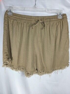 H&M Divided Brown Elastic Waist Linen Blend Fringe Hem Shorts Size Medium